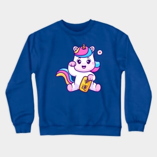 Cute Lucky Unicorn Holding Gold Coin Cartoon Crewneck Sweatshirt